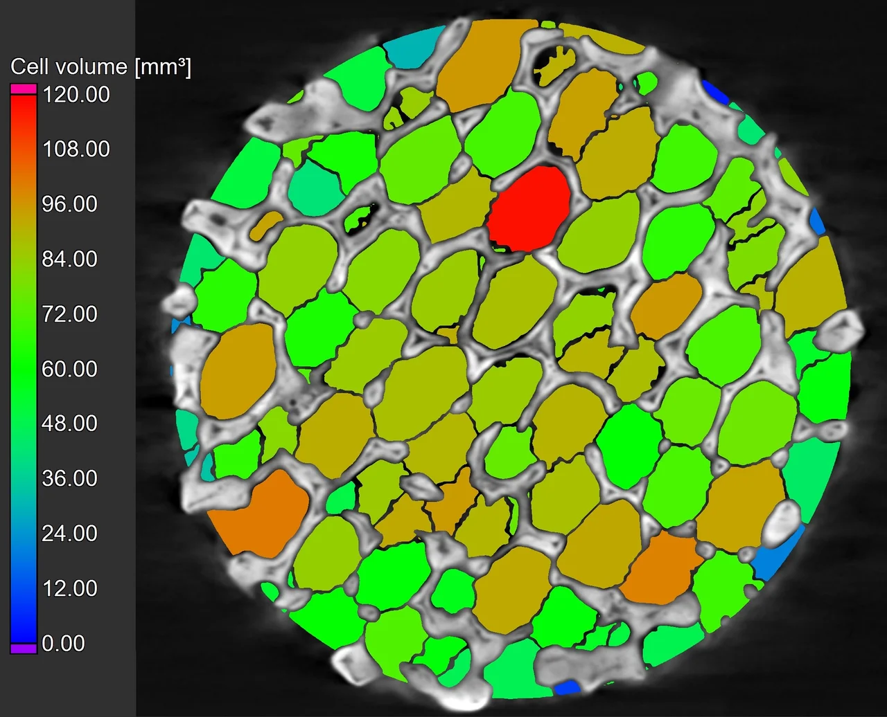 Foam/powder analysis results with color-coded cell volume; most cells are green (between 60 and 84 cubic millimeters), with a couple outliers (red and blue)
