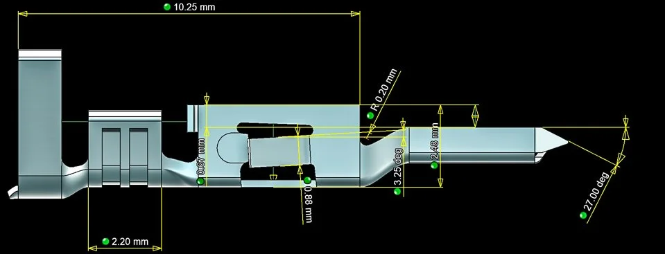 Measurement plan on the CAD of a crimp connector, from the side
