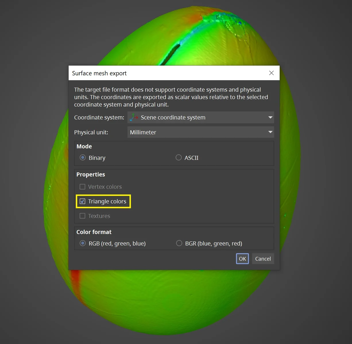Hint to tick "Triangle colors" in the "Surface mesh export dialog"