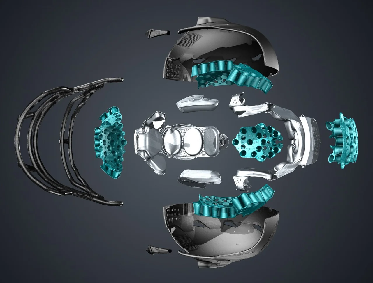 Exploded view of American football helmet components