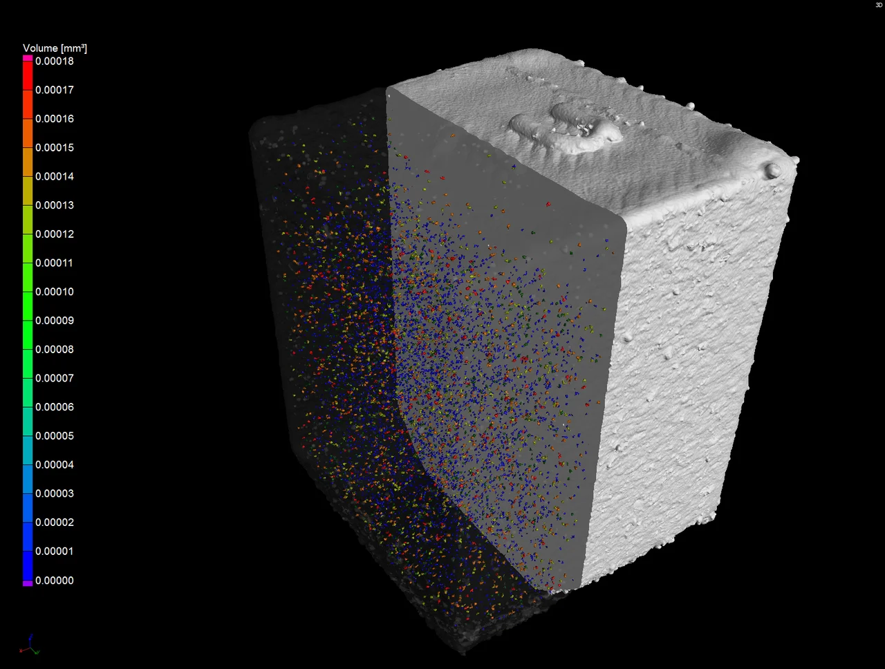 CT based defect analyses can be used to identify individual voids and inclusions and determine their sizes and shapes (Density cube 10x10x10 mm, AlSi10Mg; Source: FIT AG)