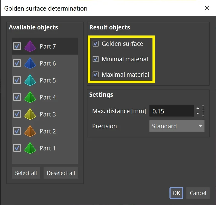 "Golden surface determination" dialog displaying the option to tick "golden surface," "minimal material," and "maximal material"