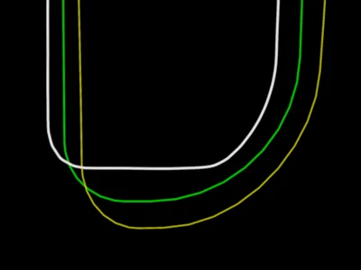 There are three lines: the golden surface (white), the original mesh (green), and the resulting compensation (yellow)