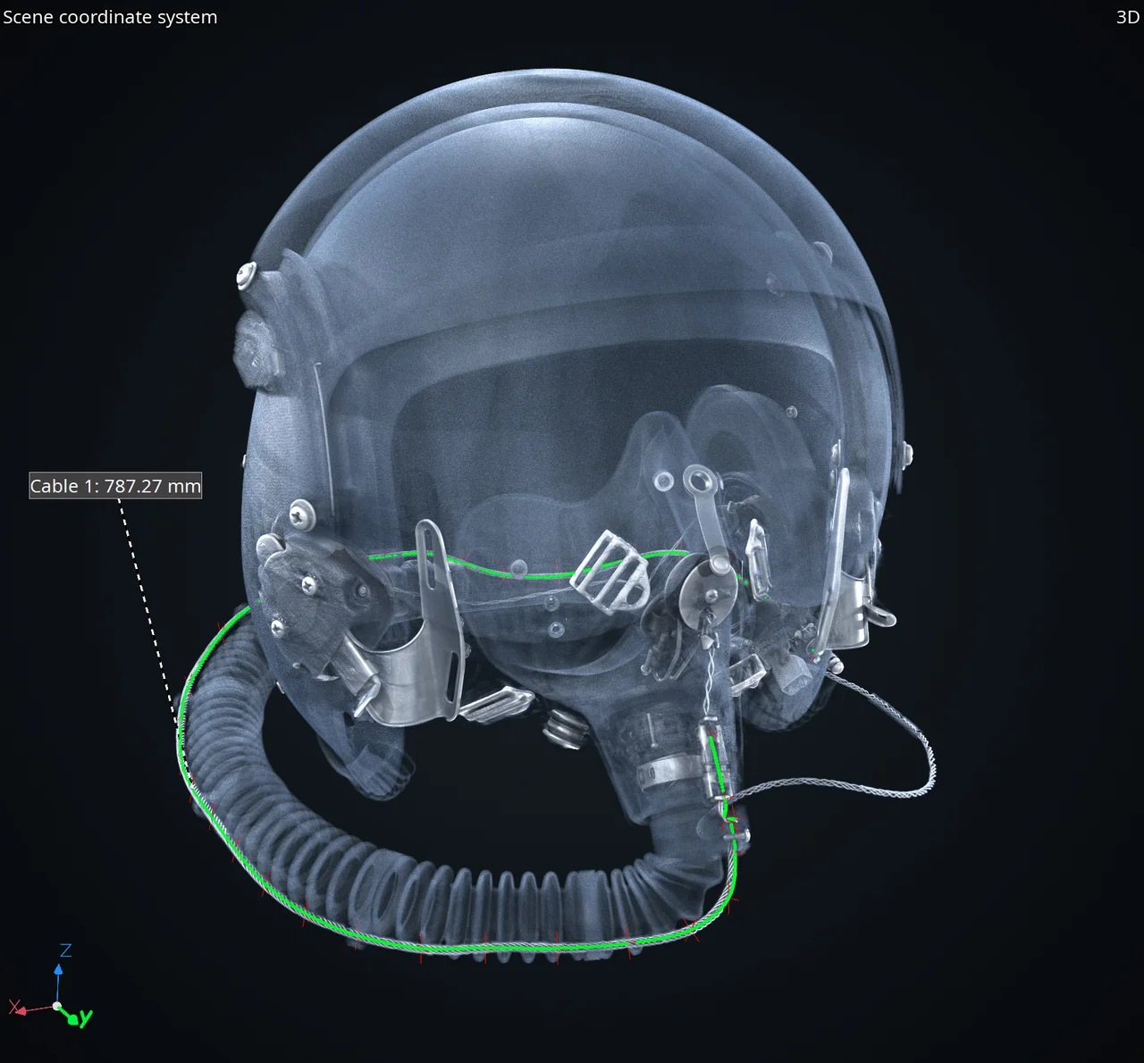 Pilot helmet with polyline set along cable inside breathing tube