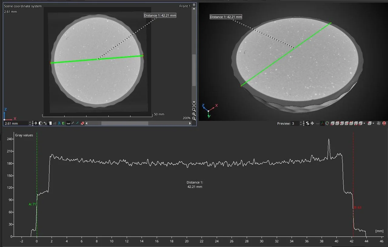 Using distance tool to set line on golf ball and seeing corresponding gray values in profile window