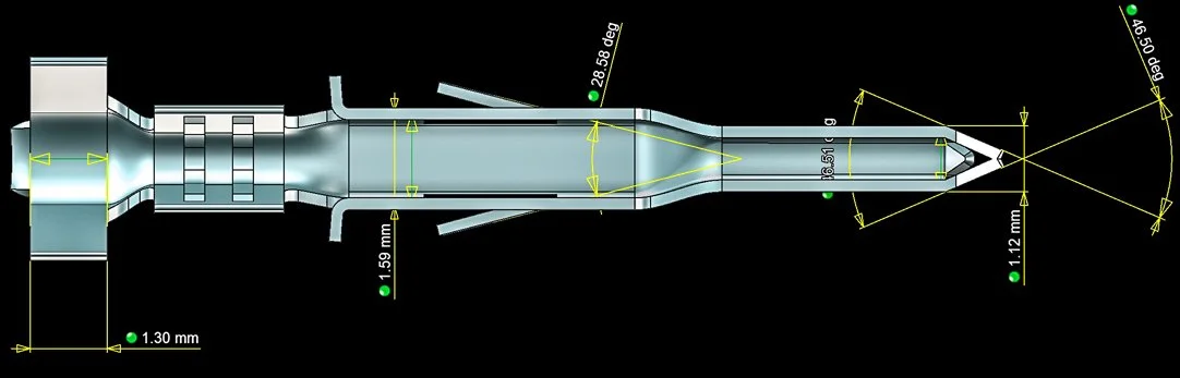Measurement plan on the CAD of a crimp connector, from above